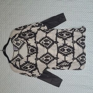 Size Small Black and White Knit Boho Tribal Top With Faux Leather Sleeve Detail